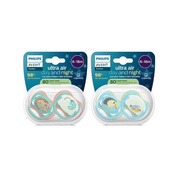 4er-Pack ultra air Schnuller - PHILIPS AVENT - SCF087/27 - Tag und Nacht - BPA-frei - 6/18 Monate - Grün / Orange