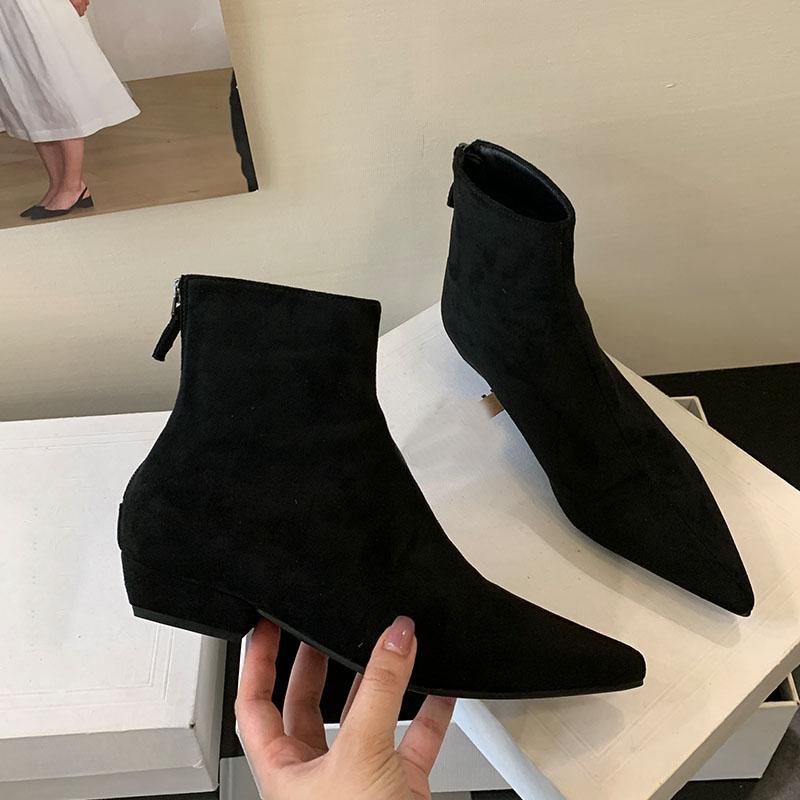 

Мода Мода Флок Женские Ботильоны На Низком Каблуке Обувь Острый Носок Современные Женские Короткие Ботинки Обувь Женская Молнии Обувь леди 35 чёрный