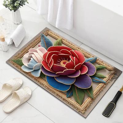 Yousheng Fußmatte 3D Blumenmuster Badezimmerteppich Hochabsorbierend Schnelltrocknend Rutschfeste Gummiunterseite Küche Dusche Waschküche Türvorleger