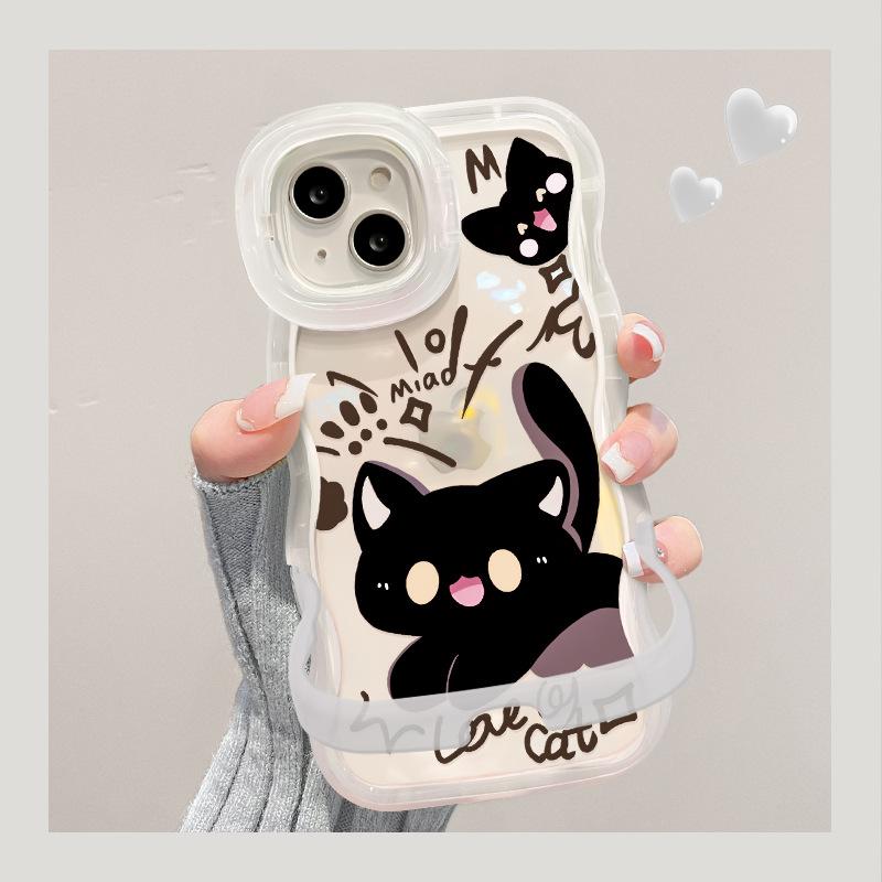 

Подходит для Apple 15 Чехол для мобильного телефона iPhone 14 Cartoon Black Cat 13 Wavy Edge 12 Invisible Double Stand Summer iphone 15 pro