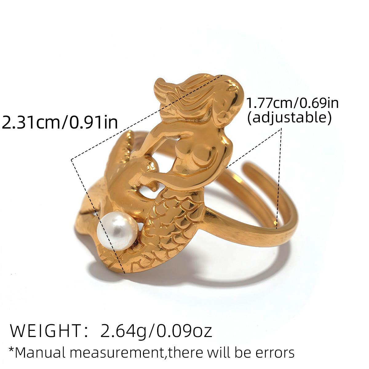 

Ocean Style Little Mermaid 18K Gold Plated Stainless Steel Open Rings For Women Anti Allergenic Waterproof Zircon For Vacation resizable