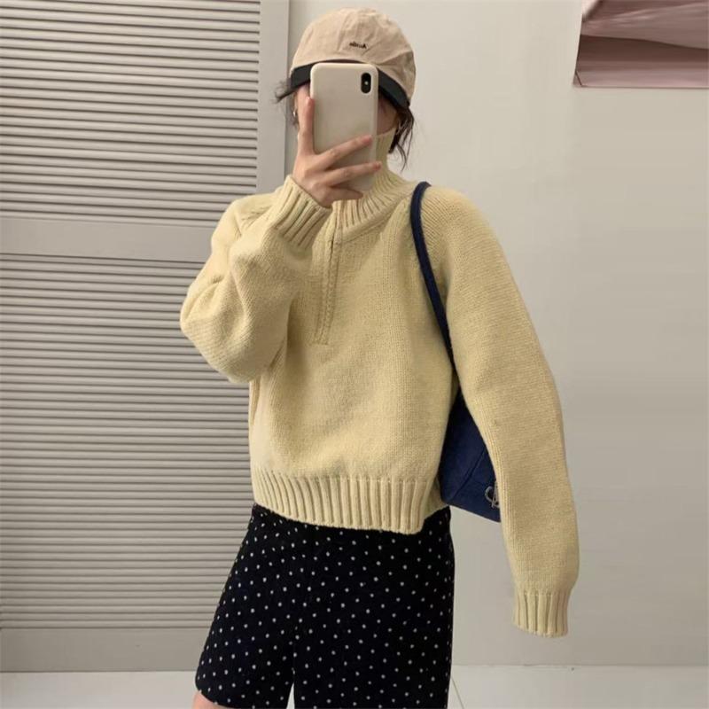 Lapel Half-zipper Short Pullover Sweater Women's Autumn and Winter New Thick Shoulder-plugged Long-sleeved Solid-color Casual Knitted Top
