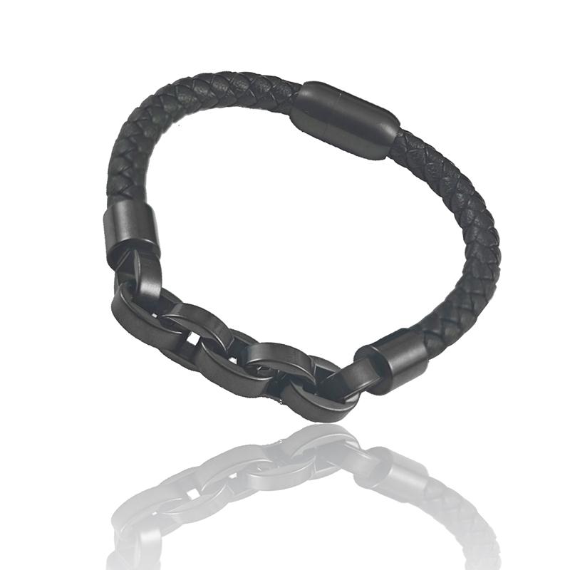 

Classic Leather Bracelet Chain Shape Men s Fashionable Stainless Steel Buckle, Suitable for Handsome Boy s Birthday Jewelry Gift 20.5cm чёрный