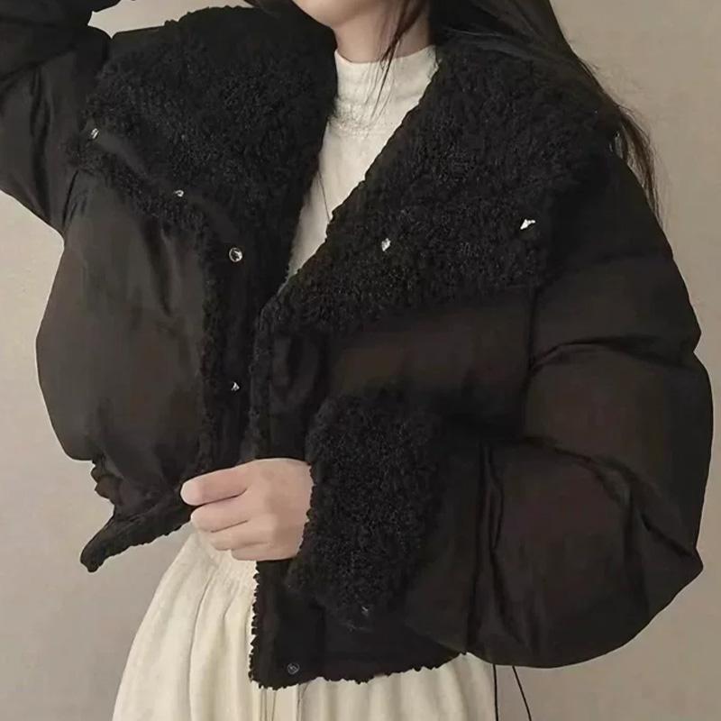 Women's Beige Patchwork Faux Rabbit Fur Parka Coat Warm Fashion Overcoat Harajuku Vintage Padded Coats Winter