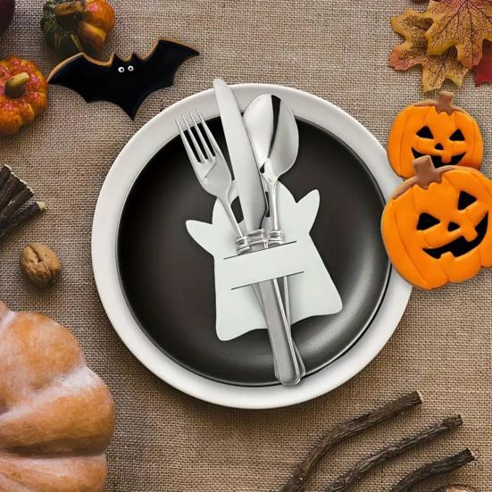12Pcs Halloween Bat Spoon Fork Holder Spooky Pumpkin Skeleton Ghost Spider Black Cat Cutlery Felt Cover Holiday Party Dining Table Decoration