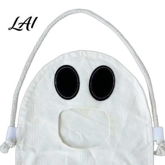 Funny Ghost Design Pouch Halloween Candy Bag for Kids Cute Fabric Treat or Trick Durable Holder Tote with Handle Spooky Snack Goodie Bags