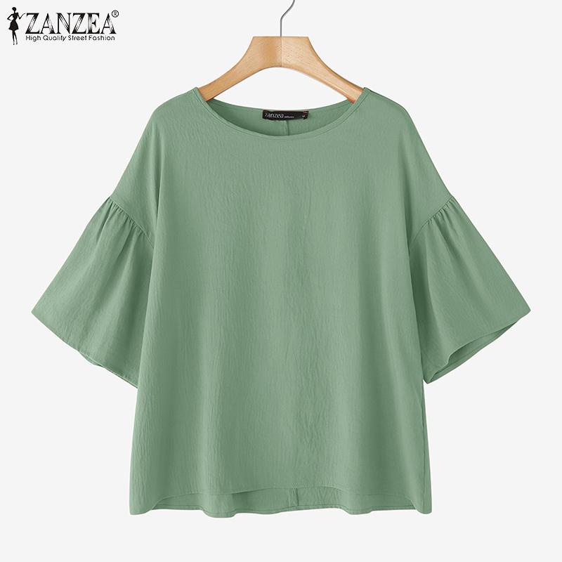 ZANZEA Women Casual Round Neck Solid Color Half Sleeve Blouse