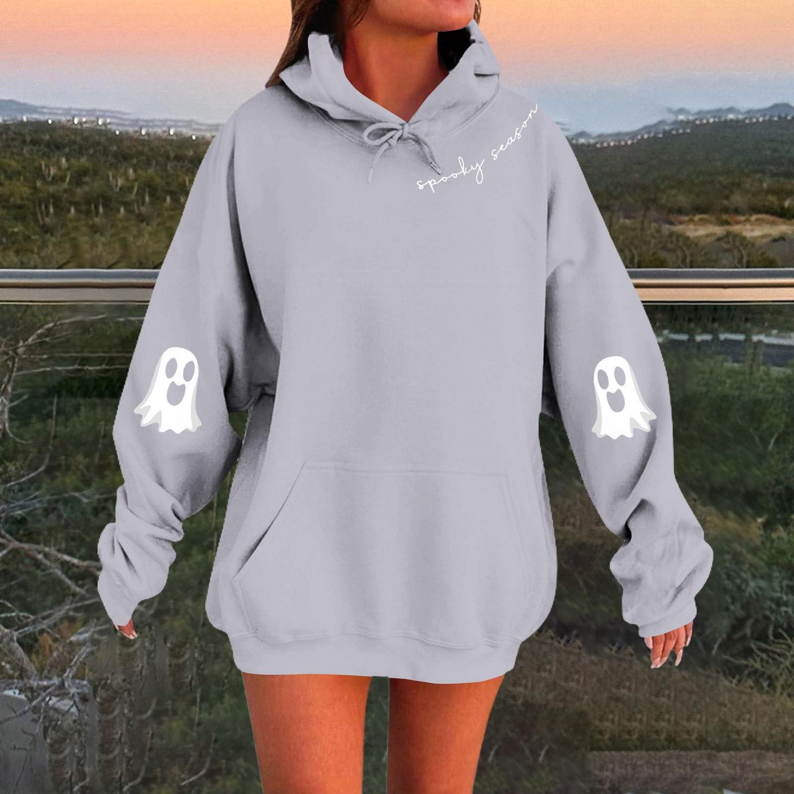 

Женский однотонный пуловер с длинным рукавом, капюшоном и повседневным принтом на Хэллоуин XL белый