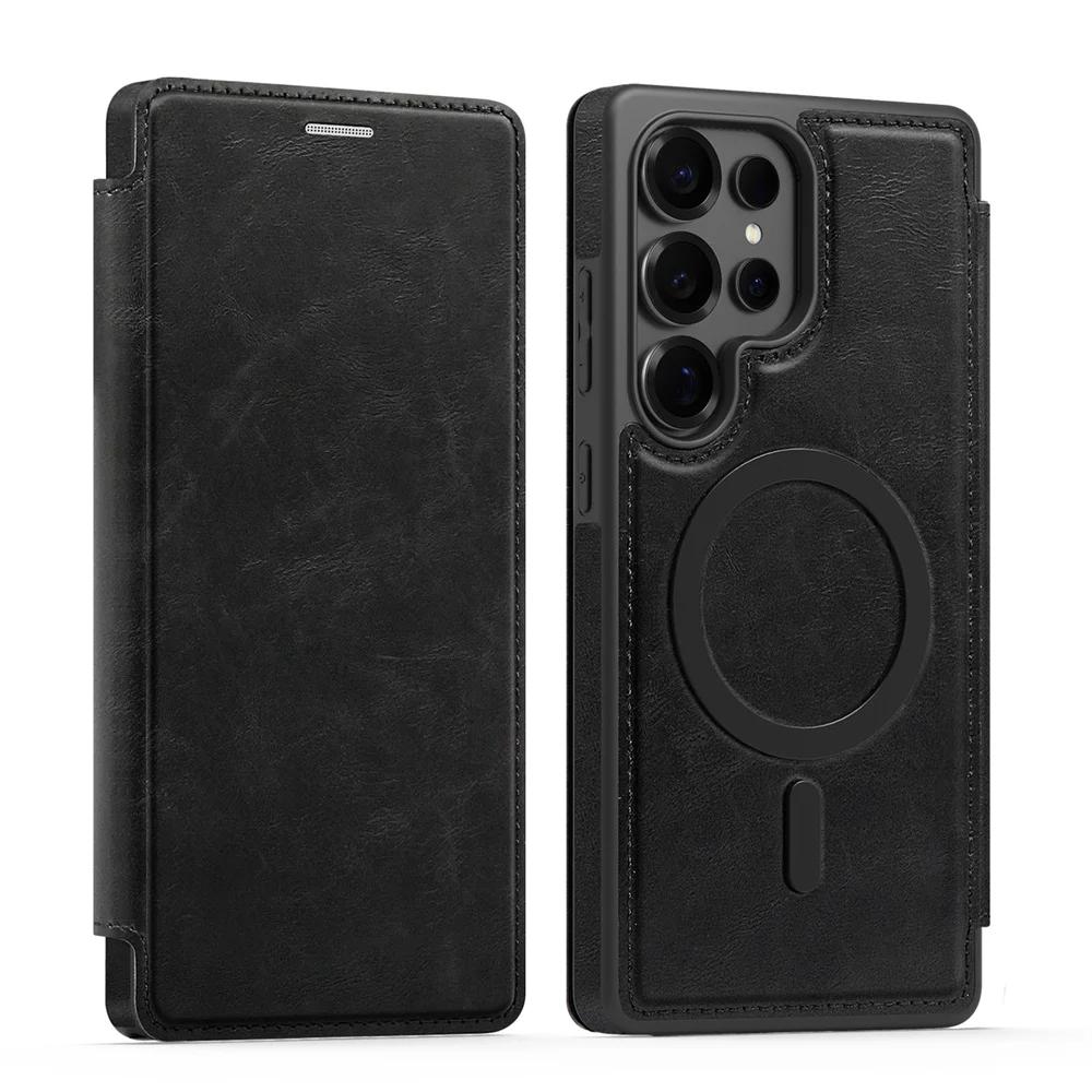 For MagSafe RFID Blocking Flip Leather Phone Case Samsung Galaxy S25 Edge S24 S23 Ultra S22 Plus Wallet with Card Holder Cover