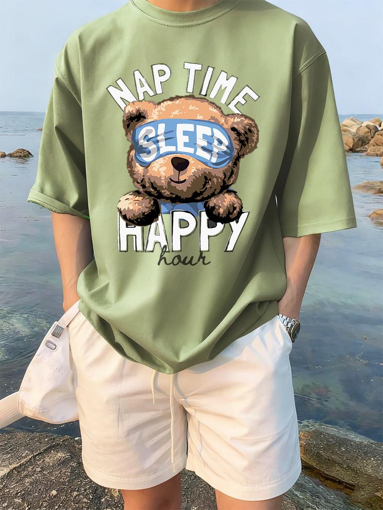 Cartoon Bear Nap Time Happy Prints TShirts Womens Cotton Summer Short Sleeve Tees Soft Loose ONeck Tops Casual Womans Clothes