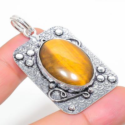 Natural Tiger Eye Gemstone Handmade 925 Sterling Silver Pendant 2.01" M7p20