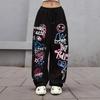 Trendige Damen-Sweatpants mit Graffiti-Print, High-Waist-Hose im Wide-Leg-Stil für Streetwear, Elastischer Bund mit Kordelzug, Lässige Hose für den täglichen Gebrauch & Ausflüge