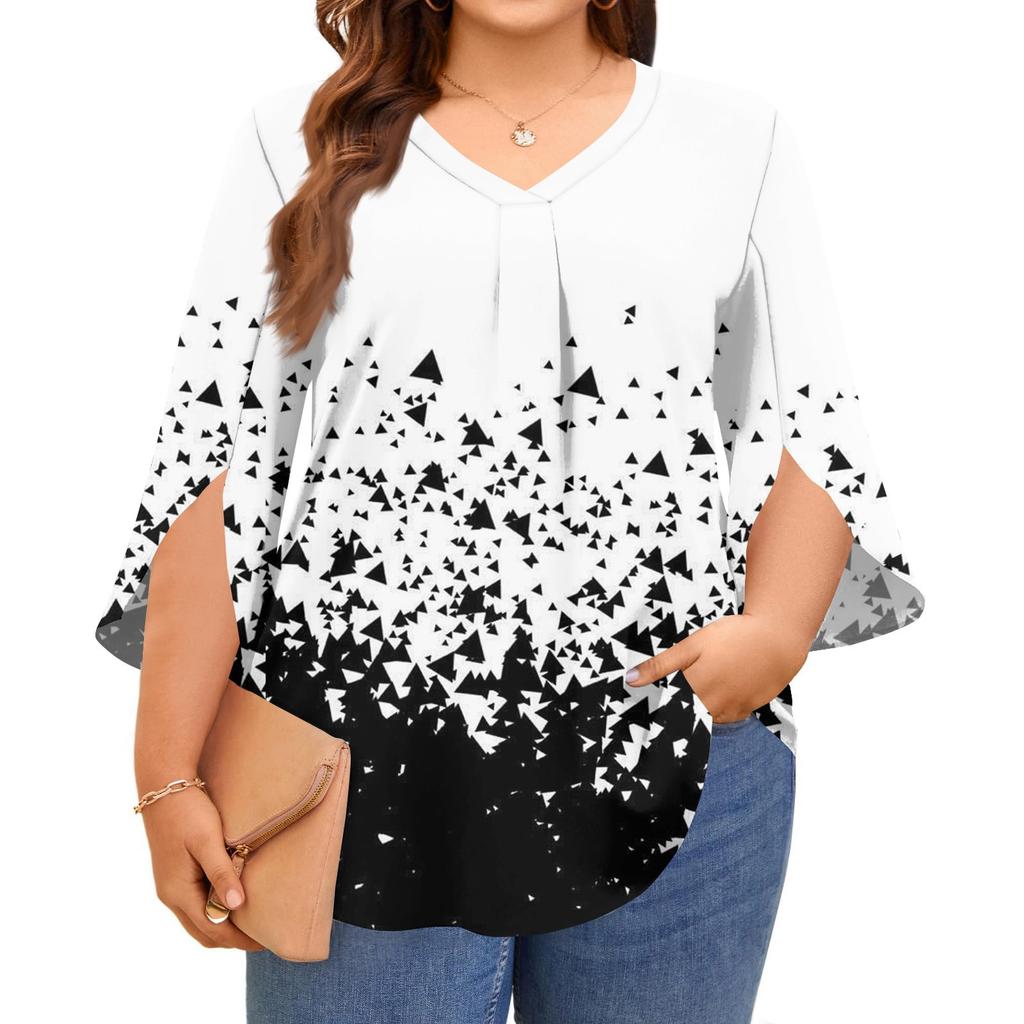 Bluze de damă imprimate cu gât în V, mărimi mari, mâneci 3/4, bluze elegante