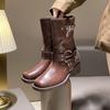 Women's Mid Calf Boots Fashion Belt Buckle Knight Boots Luxury Casual Leather Boots for Women Western Cowboy Boot Platform Botas