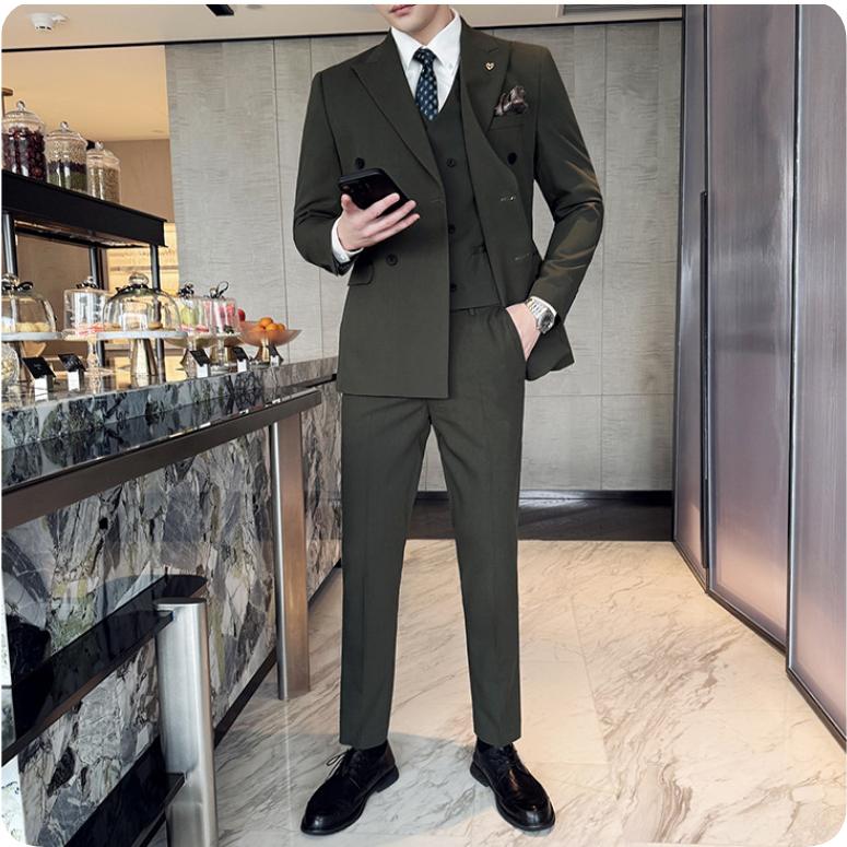 Herren Langarm Schleifenhals Zweireiher Anzug, High-End Business Casual einfarbiger Anzug