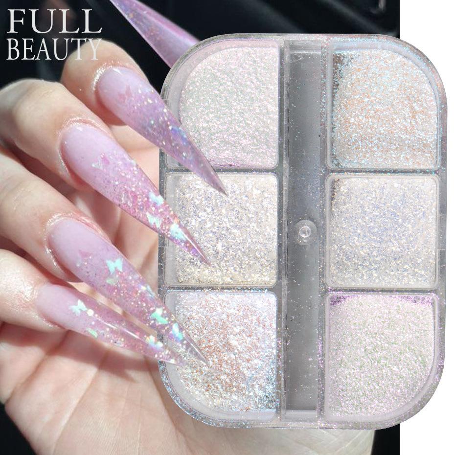 

6 сеток для ногтей, блеск для ногтей, зеркальная пудра «Аврора», жемчужная ракушка, втирка, пигмент, мыло, блестящий шарм, дизайн ногтей