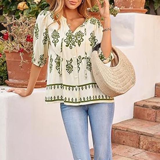 Women Shirt Loose Fit V Neck Printed Button Placket Shirt Tops Half Sleeve Breathable Summer Casual Tops