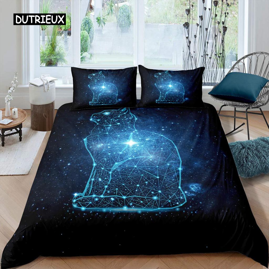 Galaxy Cat Duvet Cover Set Microfiber Universe Galaxy Bedding Set Cute Kitten Comforter Cover Outer Space Planets Quilt Cover