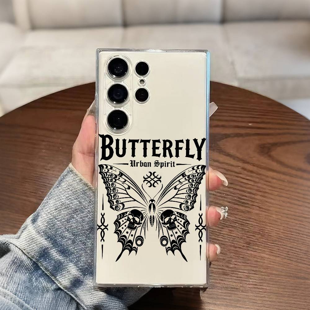 Gothic Black And Pink Butterfly Phone Case For Samsung S25,S24,S21,S22,S23,S20,Ultra,Plus,lite,fe,5G Transparent Cover