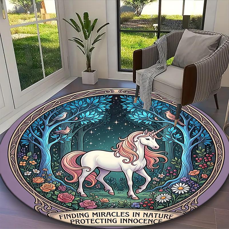 1pc Mythic Unicorn Coastal Glow Printed Chair Rug for Home Office Use, Living Room Kitchen Game Room Round Carpet
