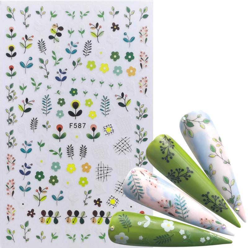 1Pc Nail Stickers Spring Summer Flowers Green Leaves Simulation Dragonfly Nail Art Decoration Water Slides Decals Transfer Foils