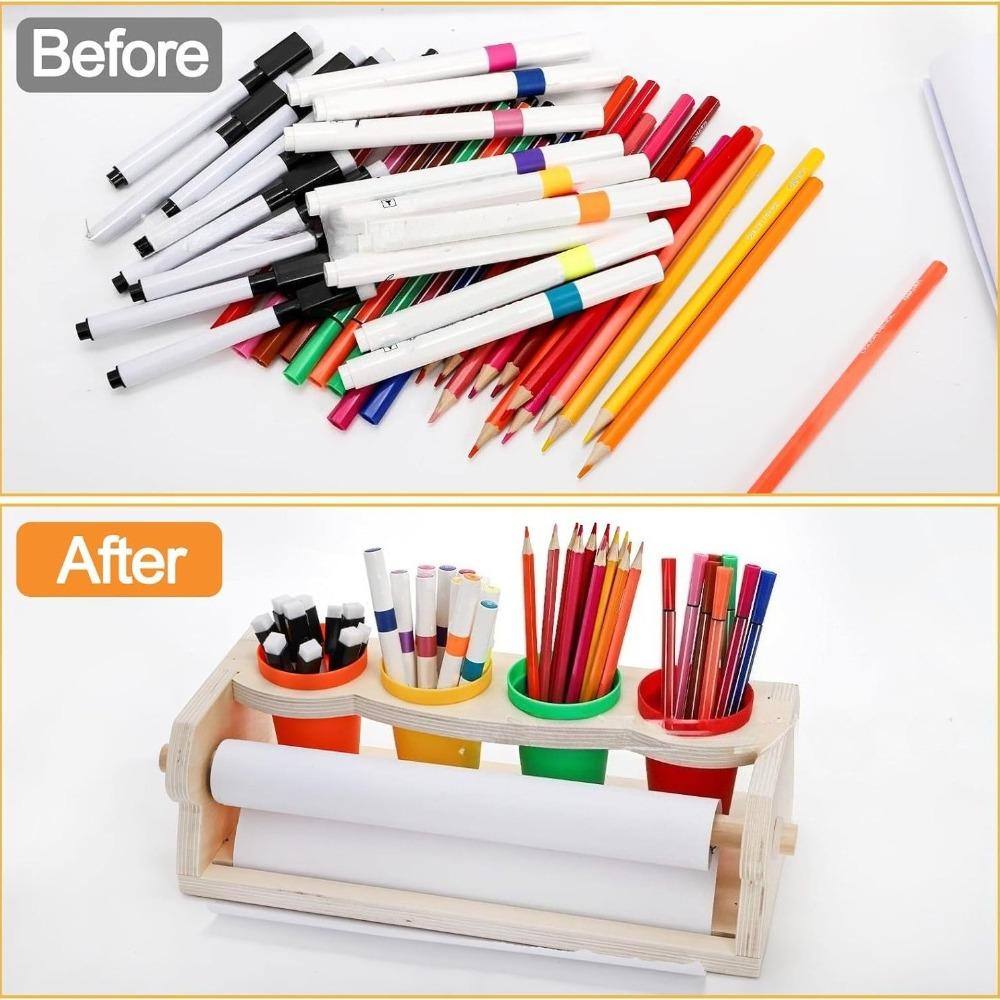 Wooden Tabletop Paper Roll Dispenser with Roll Pencil Cups Craft Art Paper Roll Holder for Kids Desktop Easel Drawing Painting