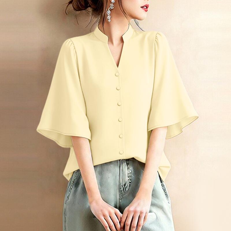 ZANZEA Women Casual V-Neck Solid Color Loose Half Sleeve Blouse