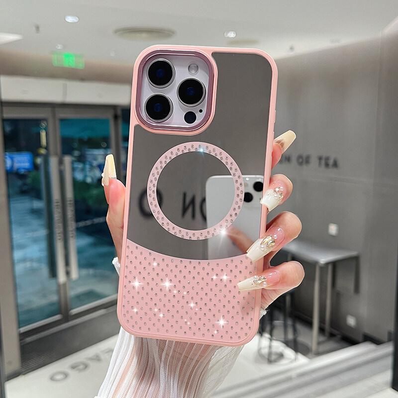 

Зеркальный чехол для iPhone 16, 15 Pro Max, 14 Plus, 13, 12, 11, MagSafe, магнитная беспроводная зарядка, модный макияж, конфетный цвет, блестящий чехол для телефона iPhone 16 Pro розовый
