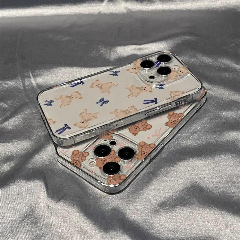 Cute Teddy Bear with Bow Pattern Phone Case for iPhone 17 16 15 14 13 12 11 16E Series Pro Max Plus Double Layer Protection