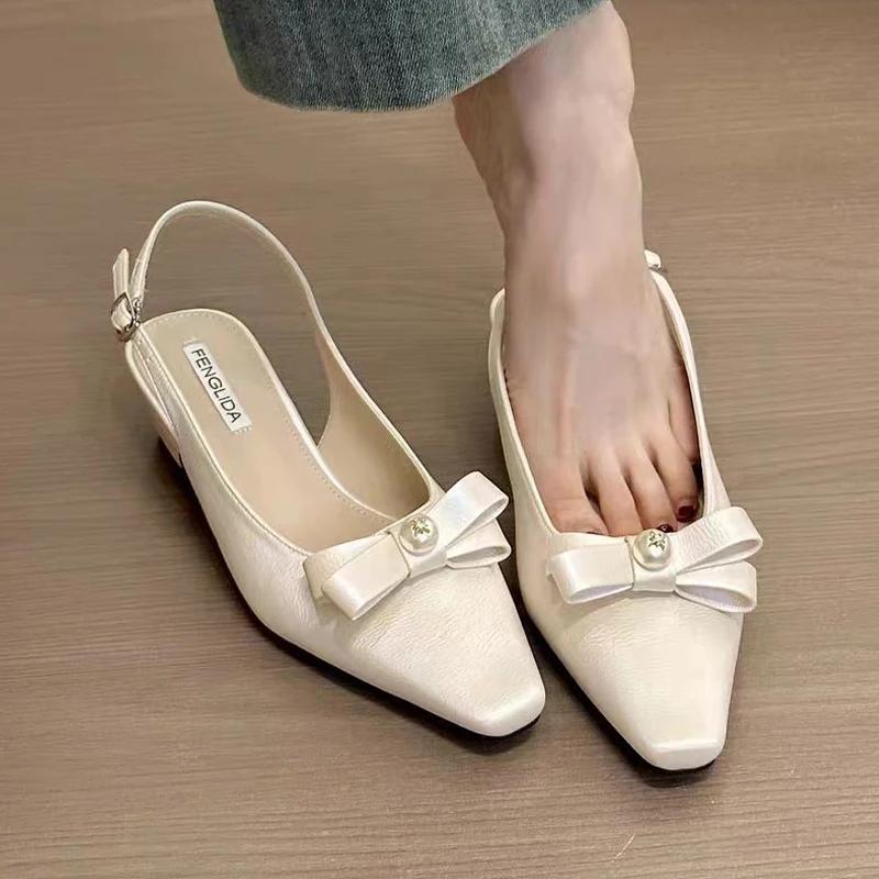 Bow Women's Sandals Pointed Toe Shallow Elegant Heels Shoes 2025 Slippers Summer Fashion New Flip Flops Dress Sandalias De Mujer