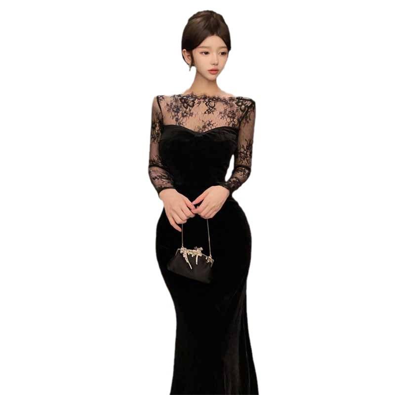 French Pure Lace Stitching Velvet Halter Dress Dress