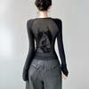Black Retro Angel Print T-shirt for Women 2026 Spring Fashion Slim Fit Tee Shirt Y2k E-Girl Long Sleeve Bottoming Tops Mujer New
