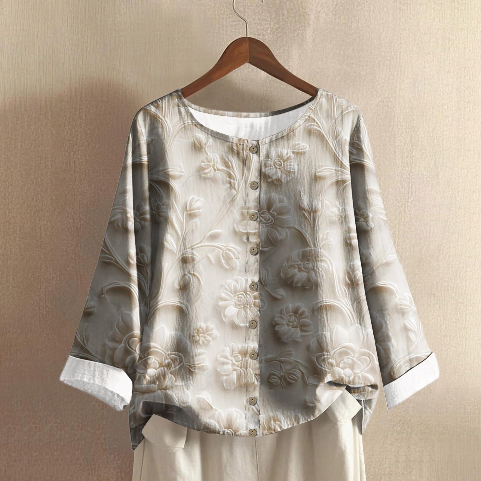 

Женская модная и повседневная рубашка с длинным рукавом, круглым вырезом и принтом, блузка-топ из хлопка и льна M