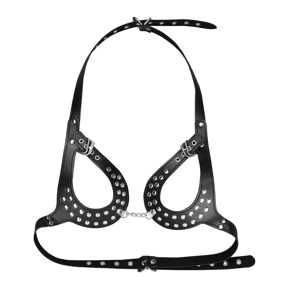 Damen PU-Leder Open Cup Verstellbarer Wetlook Sexy Body Harness BH Gürtel mit Schnallen und Nieten