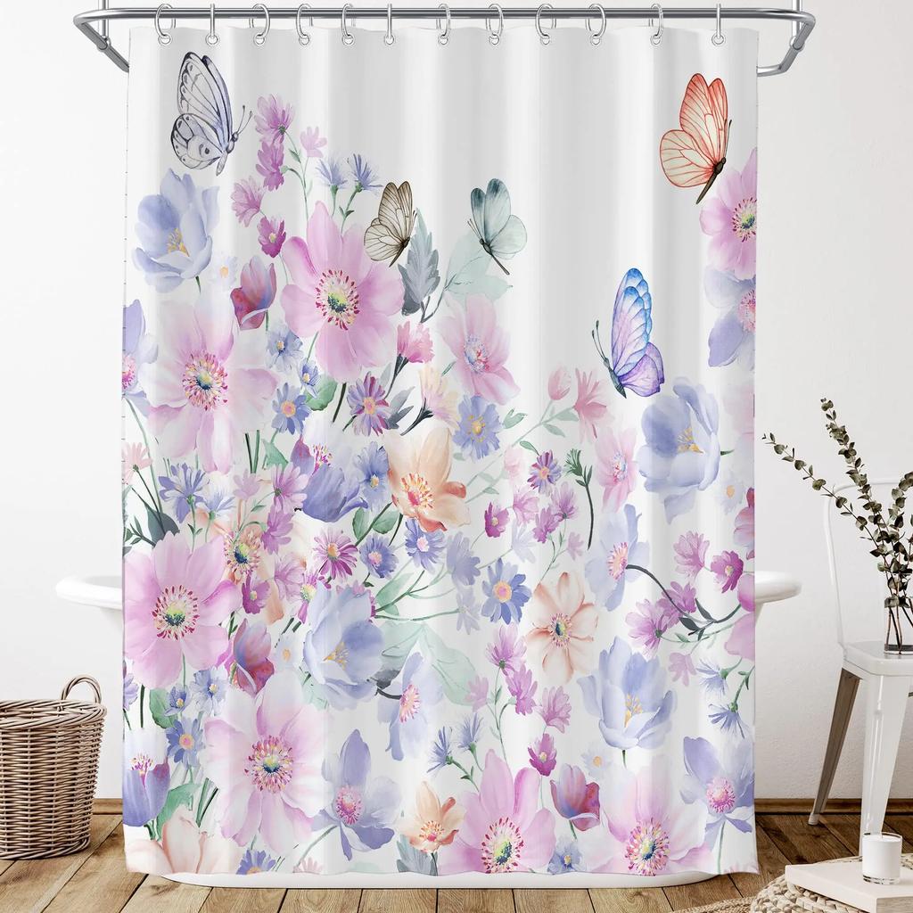 Watercolor Flower Shower Curtain, Vintage Plum Blossom Tropical Plant Green Leaf Bird Elegance, Bathroom Decor Set With Hooks