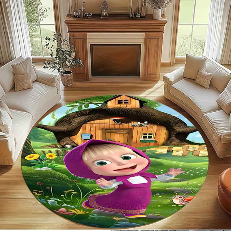 Masha and The Bear Print Round Rug, Washable Floor Carpet, For Entryway Dorm Laundry Room Office Study, Home Decor Birthday Christmas Gift