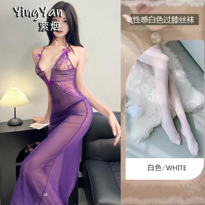 Smoke sexy underwear charm lace perspective mesh deep V-neck pajamas temperament bow suspenders nightgown uniform