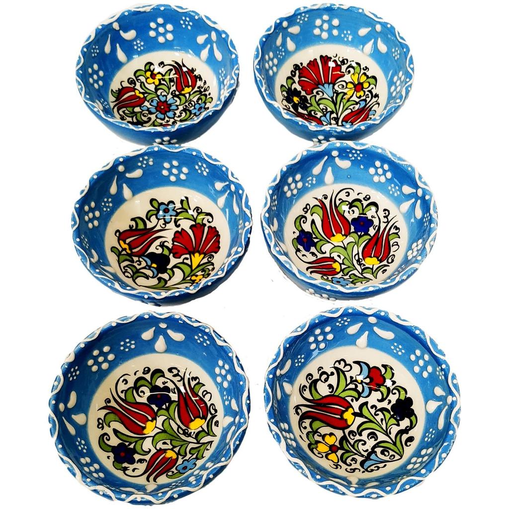 Handmade Light Blue Ceramic Bowls with Traditional Patterns Set of 6