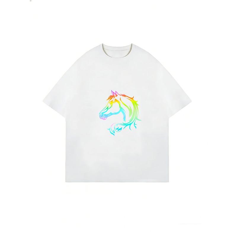 Übergroßes T-Shirt Schwarz Regenbogen Pferdeprint Freizeitkleidung für Damen Fashion Statement Streetwear-Stil Alltagsoutfit Sommer-Look Trendiges Grafik-Tee