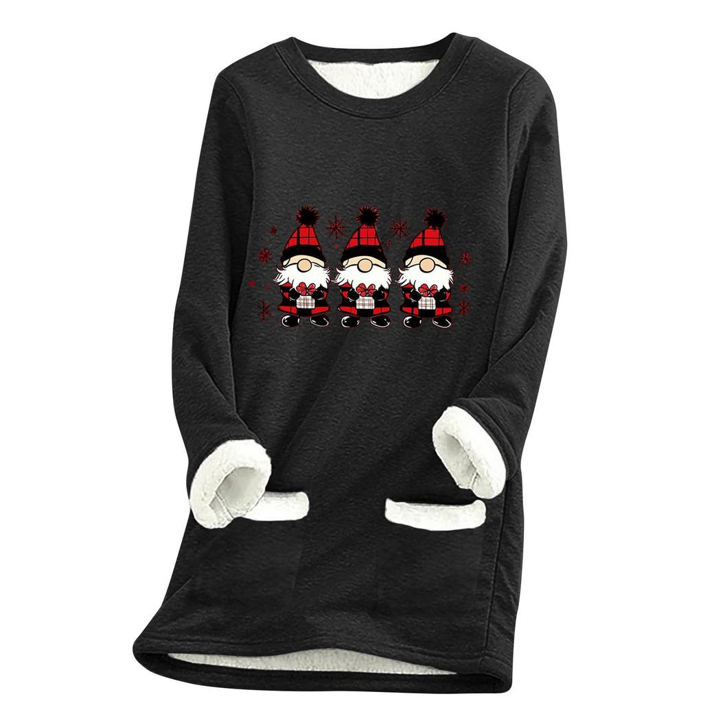 Ladies' Loose And Comfortable Round Neck Christmas Print Thick With Pockets Long Sleeved Top