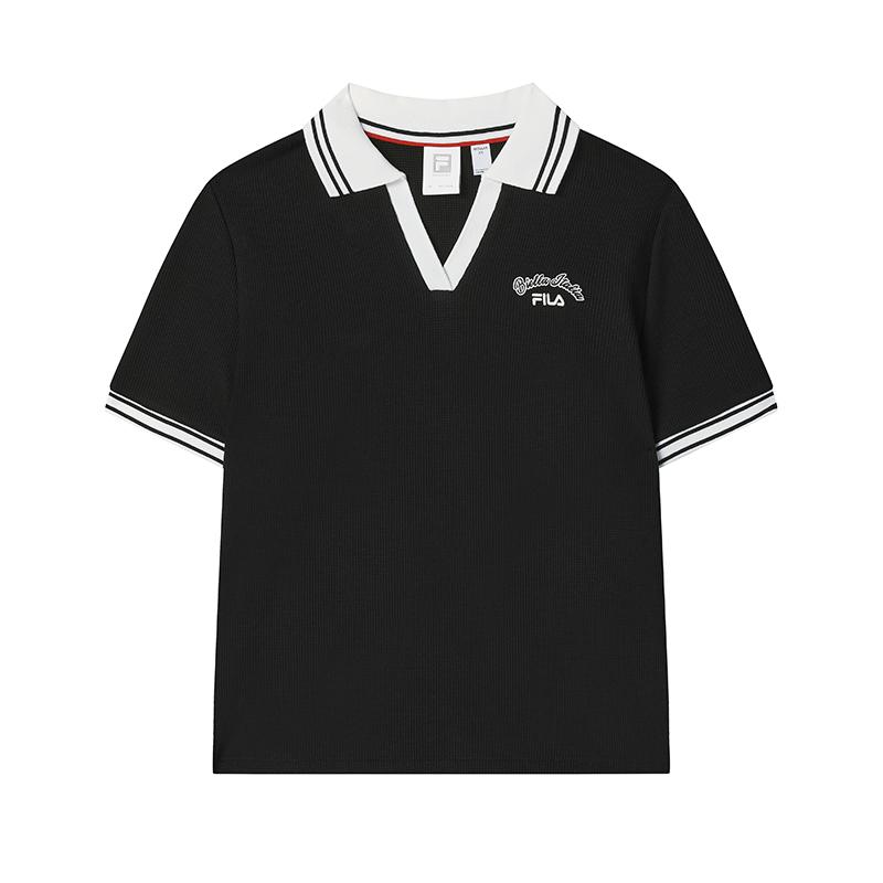 Fila Tennis Stylish Comfortable Breathable Color Block Vintage College Style Embroidered Logo Short Sleeve Polo Shirt Women Tops Black A51W523101F-BK