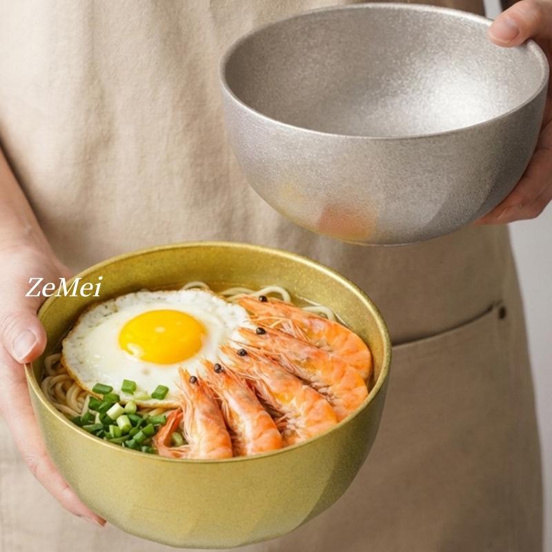 Pure Titanium Thickened Double-Wall Salad Bowl, Multicolor Double-Layer Ice-Flake Texture Home Food Storage Soup Bowl Tableware