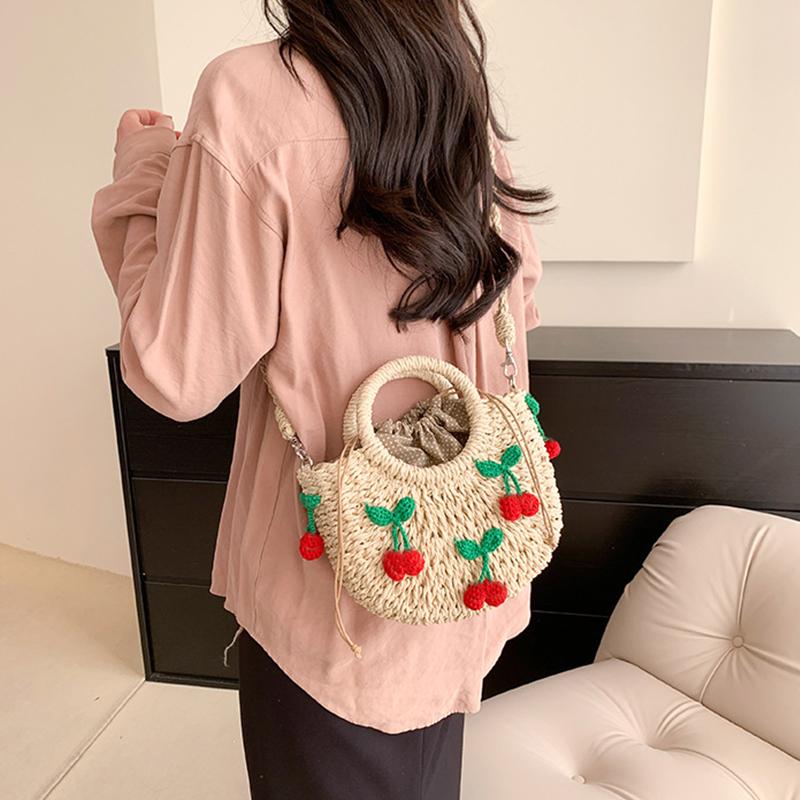Yogodlns Bolsa de Palha Cereja Feminina Bolsa de Mão Tecida à Mão Formato de Lua Bolsa de Rattan Grande Capacidade Cordão Casual Bolsa de Ombro Cruzada para Praia