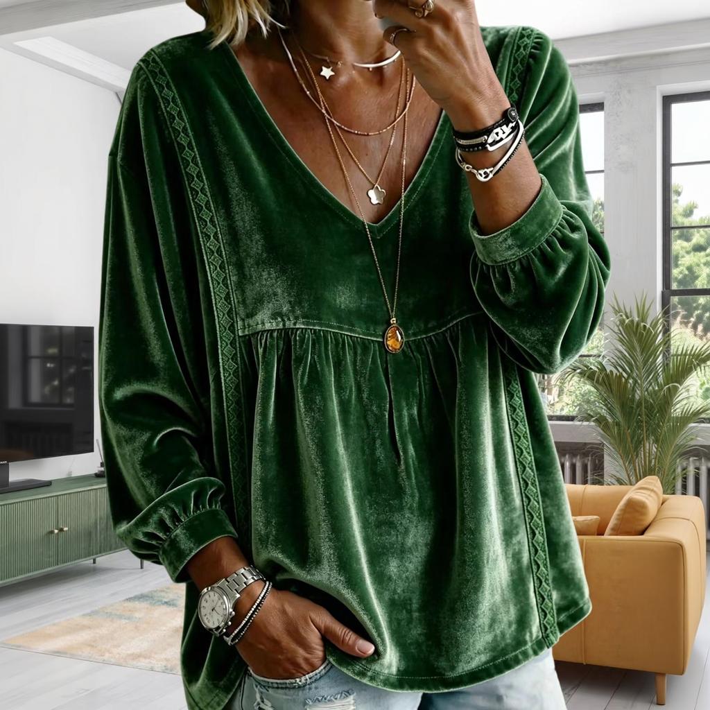 Women's V-Neck Lace Long Sleeve Blouse - Color Loose Fit Top for Everyday Wear