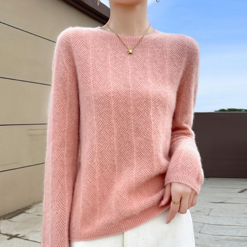 

Women s 2024 Autumn/Winter Pure Wool Slimming Round Neck Hollow Fan-Shaped Knit Sweater Large
