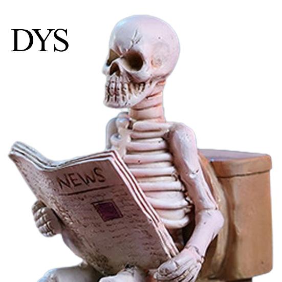 Gothic Desk Accessory Skeleton Sitting on Toilet Resin Figurine, Realistic Skull Tabletop Quirky Gift for Friends Ornament, Creative Halloween