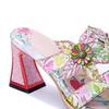 Johnature Retro Three-dimensional Flower Colored Fashion Slippers Genuine Leather Printed Coarse Heel Sandals