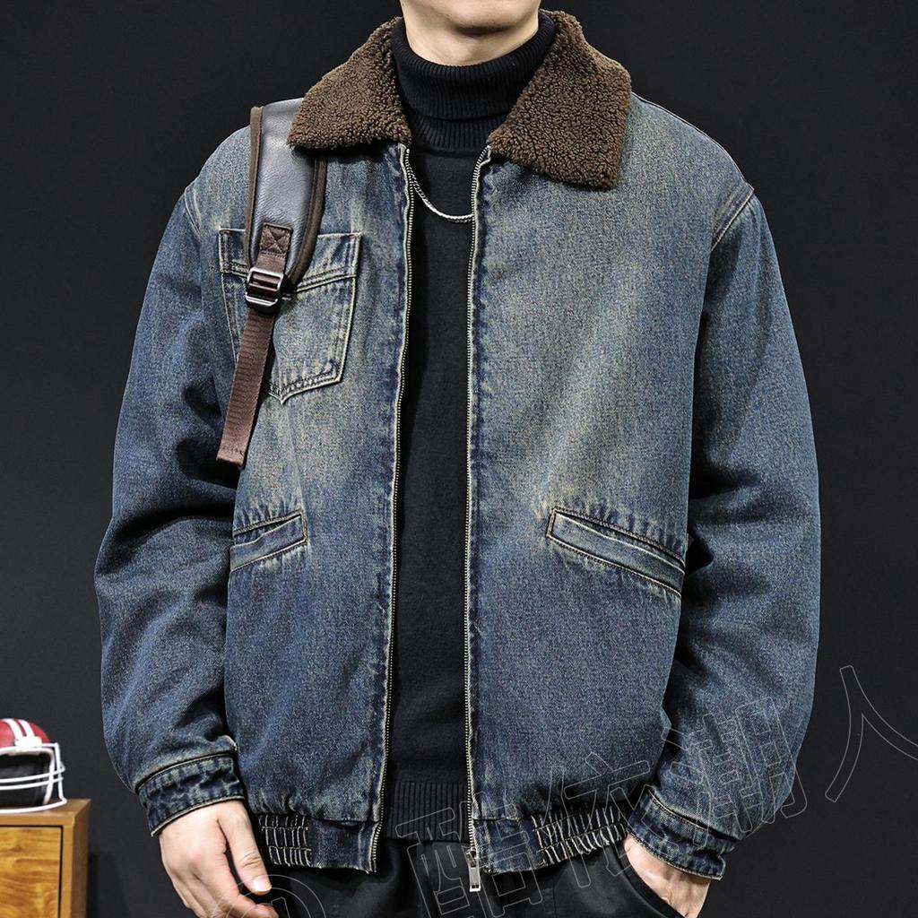 Men's 2025 Winter Lambswool Collar Denim Jacket - Thick, Warm, Cotton-Padded, Plus Size