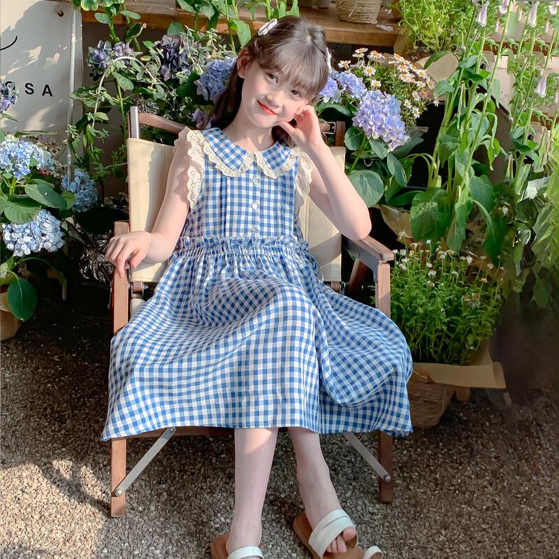 Girls  Stylish Plaid Sleeveless Princess Dress 140