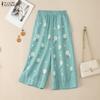 Women Summer Elaatic Waist Loose Casual Floral Croppe Pants